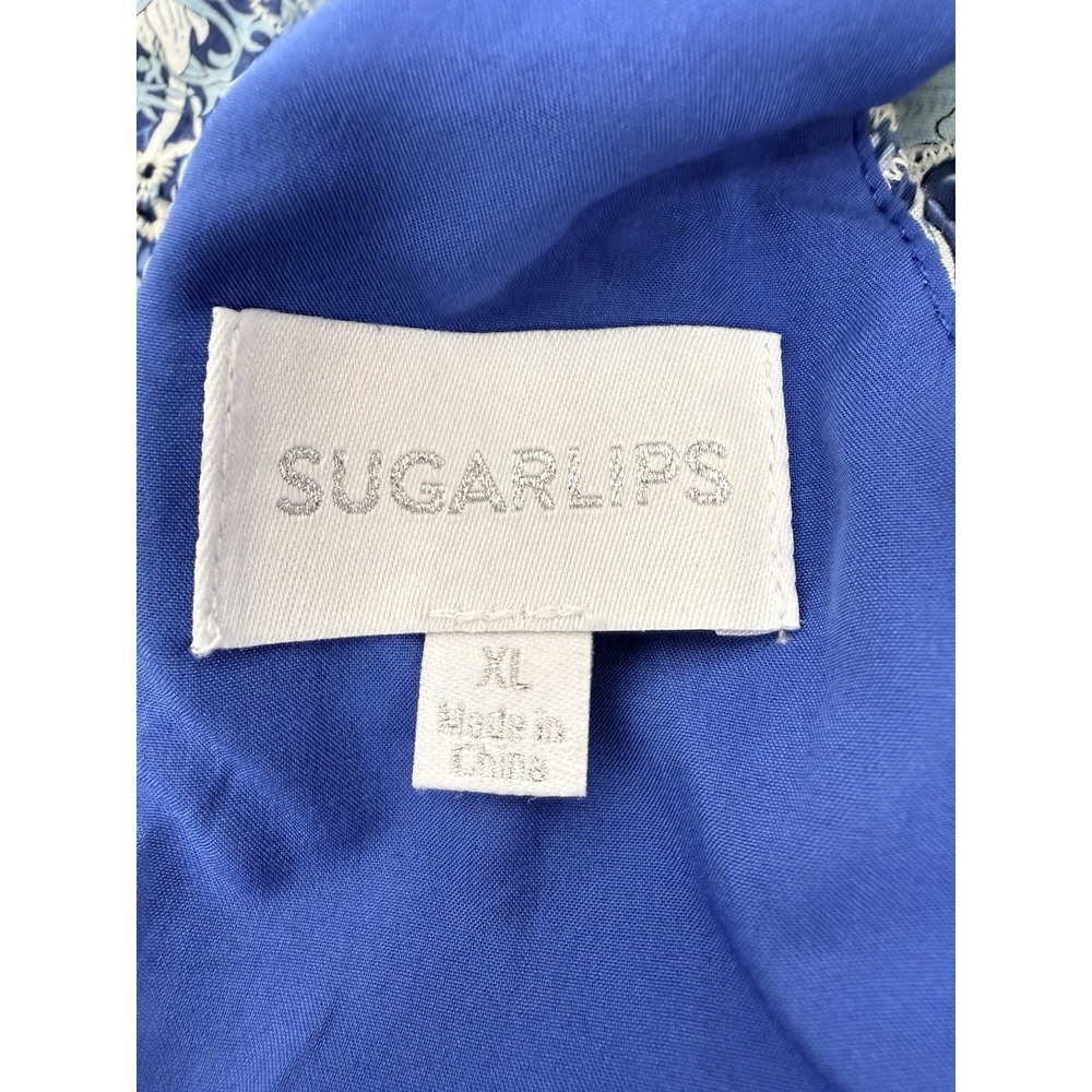 Sugarlips Blue Floral Halter Dress XL Tie Back Ruffle Hem Lined Cotton Boho #24 - Picture 4 of 6